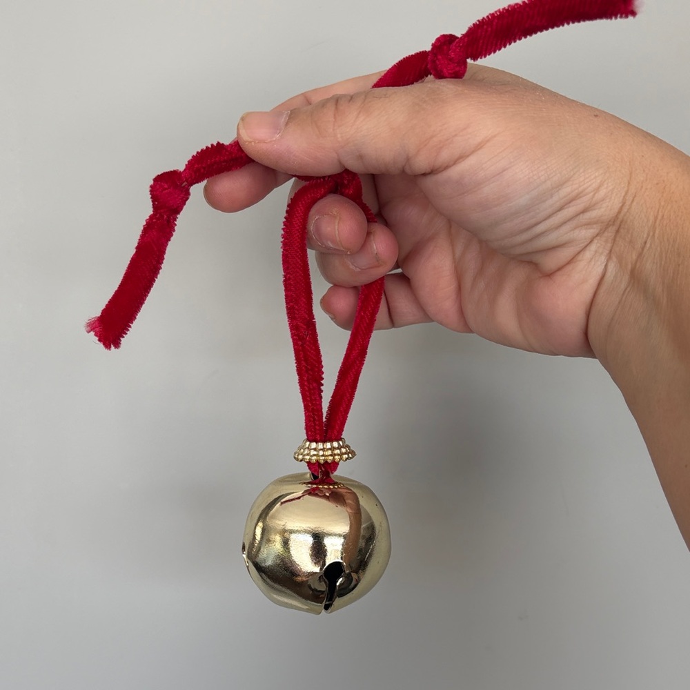 Vintage Christmas Gold Jingle Bell with Red Ribbon
